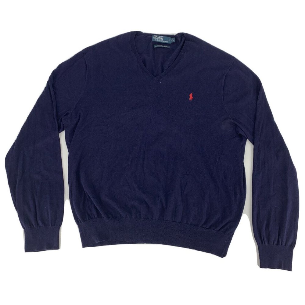 Men's Polo by Ralph‎ Lauren Long Sleeve V-Neck Sweater Blue XL 100% Pima Cotton